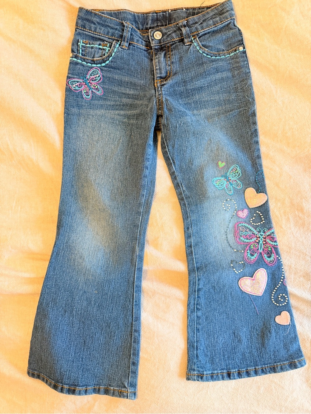 Sonoma Blue Denim Flare Jeans with Butterfly & Heart Embroidery